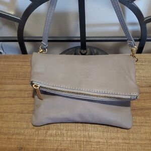 Vera Pelle Italian Leather Taupe Flip Over Crossbody Handbag - European Boho